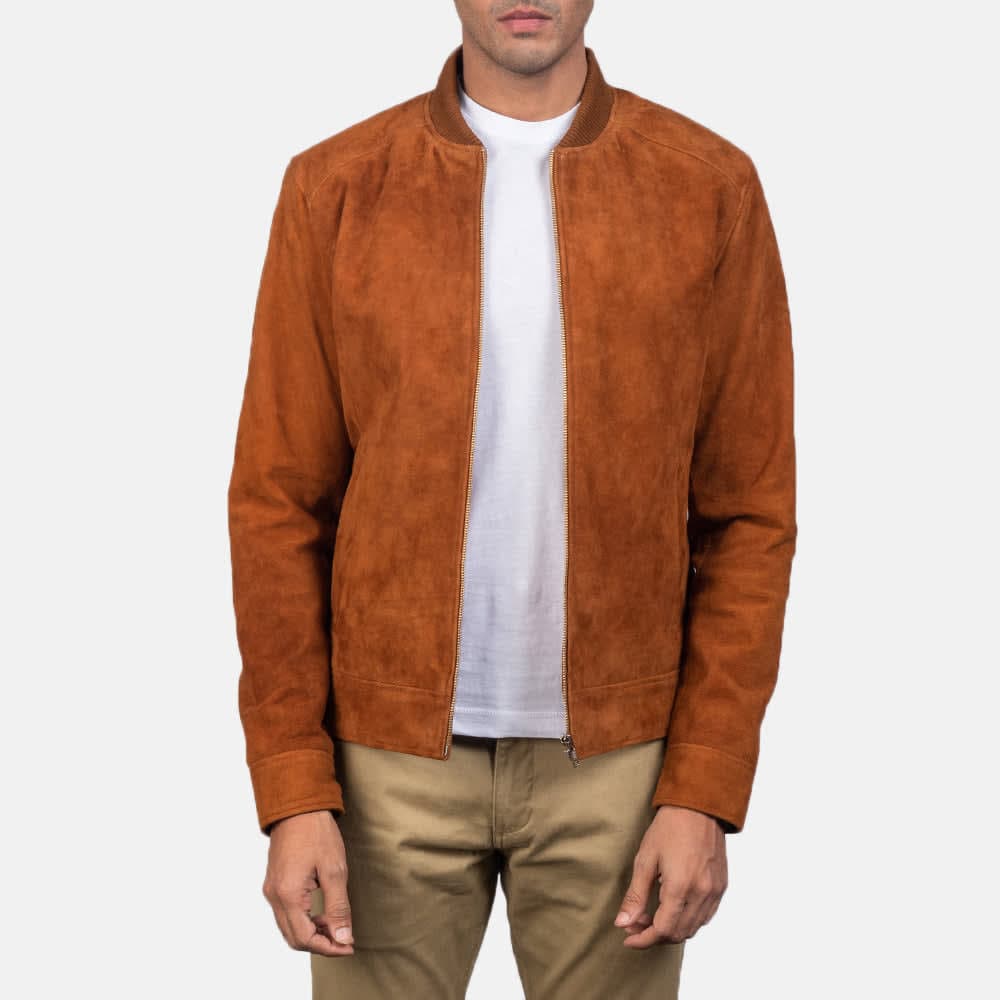 Men's Blain Brown Real Goatskin Suede Bomber Jacket sizes that fit all