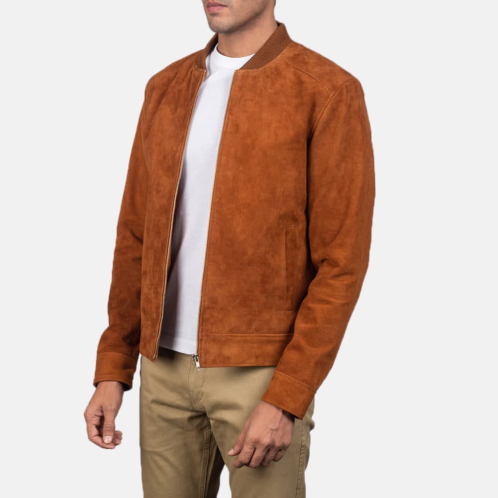 Men's Blain Brown Real Goatskin Suede Bomber Jacket finest raw materials