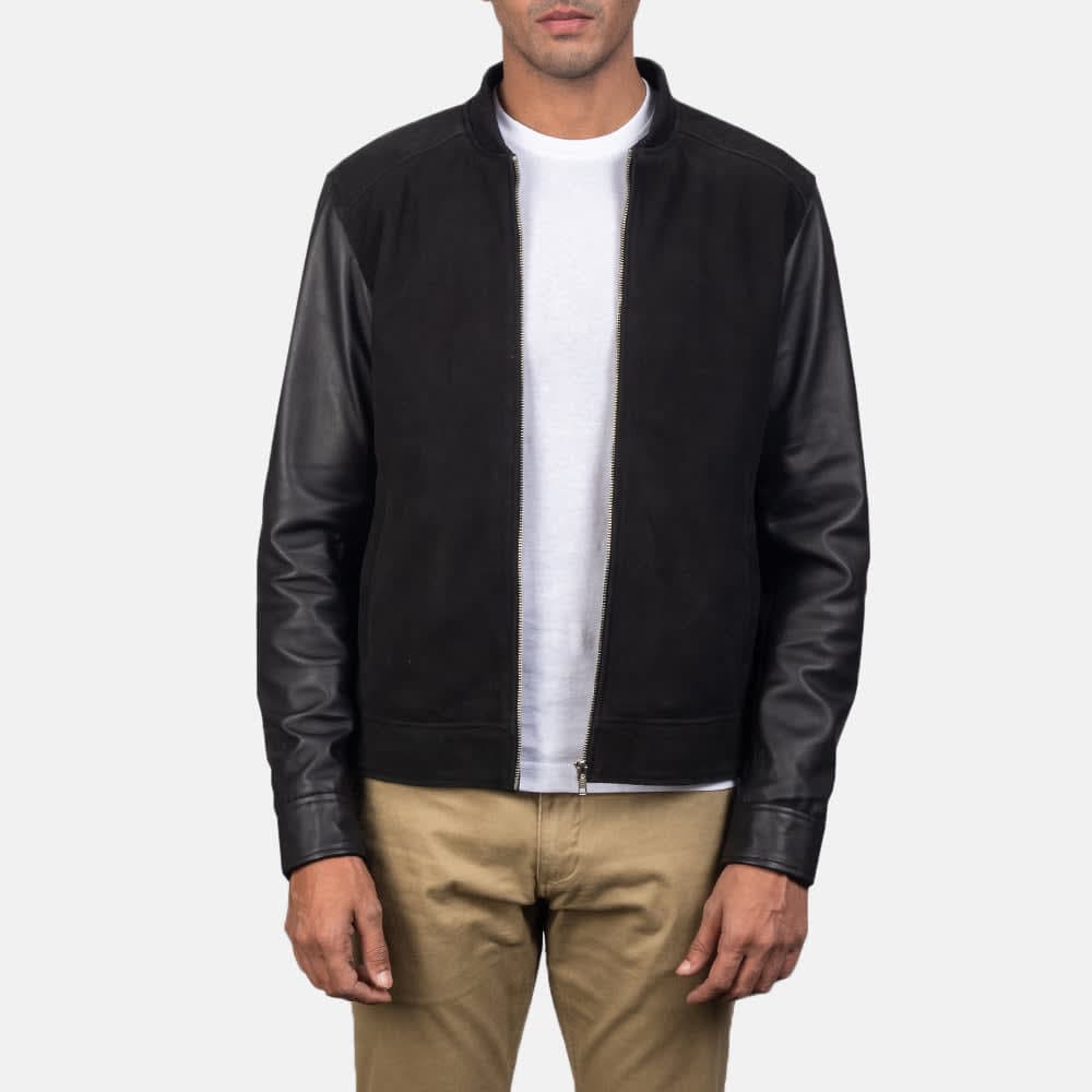 Men's Black Blain Mocha Real Goatskin Suede Bomber Jacket sizes that fit all