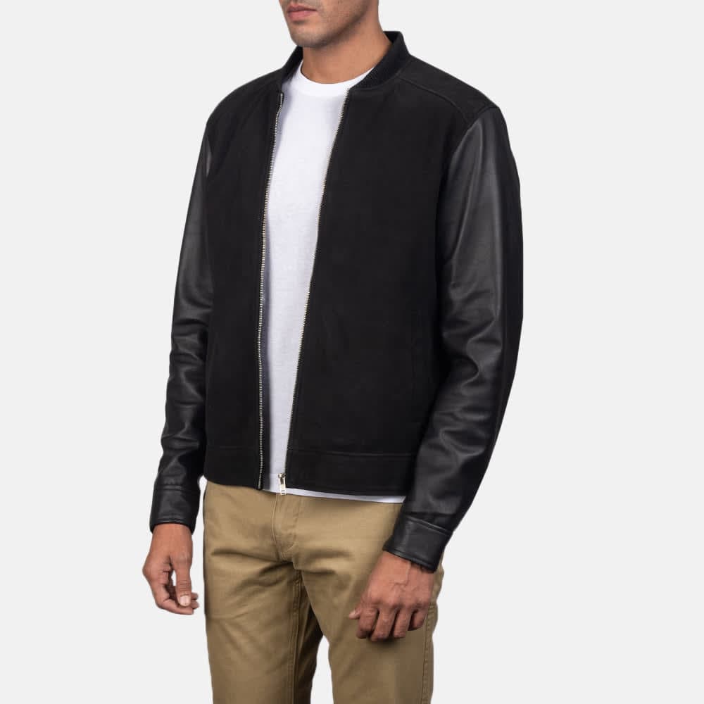Men's Black Blain Mocha Real Goatskin Suede Bomber Jacket finest raw materials