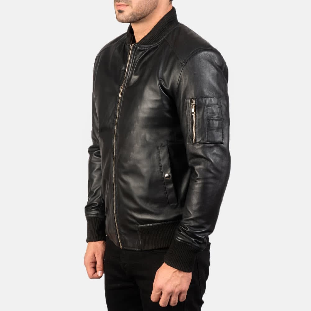 Bomia Ma-1 Men's Black Sheepskin Leather Bomber Jacket finest raw materials