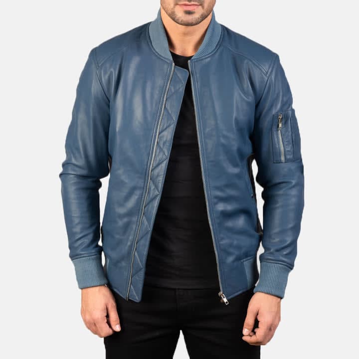 Bomia Ma-1 Men's Blue Sheepskin Leather Bomber Jacket sizes that fit all