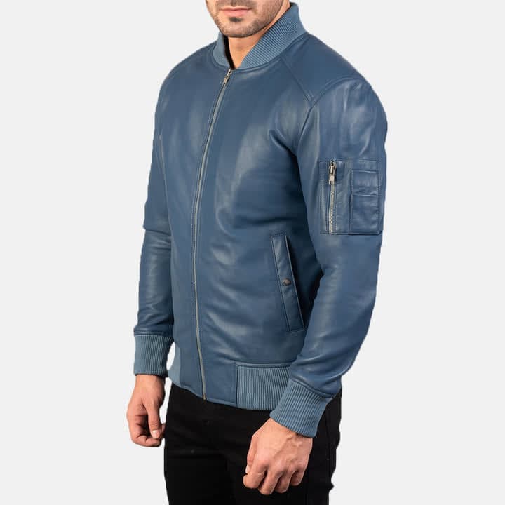 Bomia Ma-1 Men's Blue Sheepskin Leather Bomber Jacket finest raw materials
