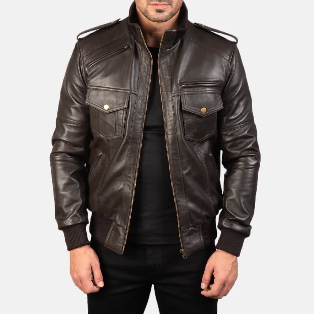 Agent Shadow Brown Leather Bomber Jacket sizes that fit all