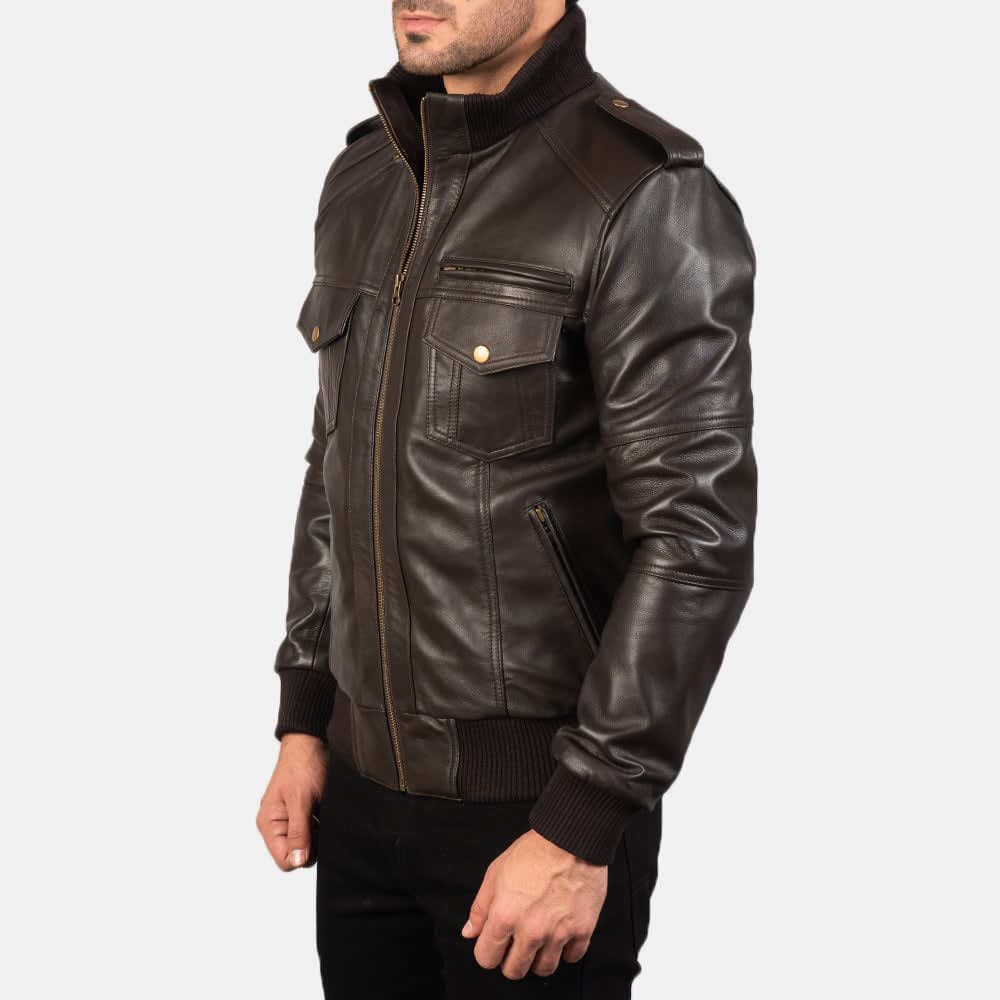 Agent Shadow Brown Leather Bomber Jacket finest raw materials