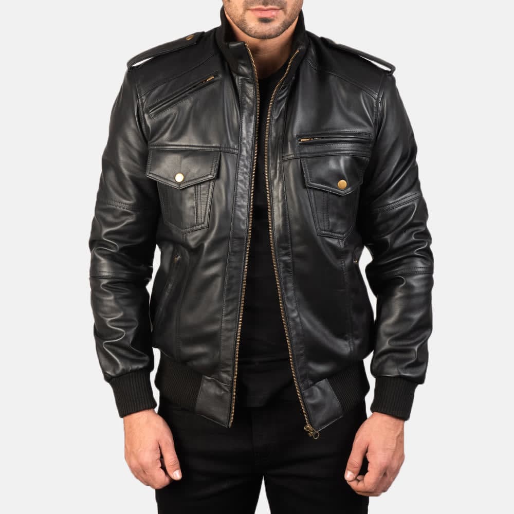 Agent Shadow Black Leather Bomber Jacket sizes that fit all
