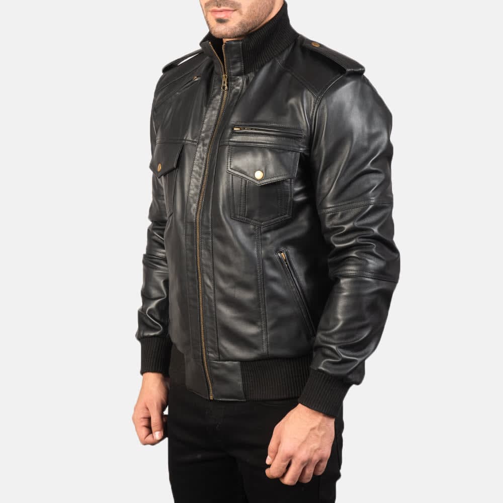 Agent Shadow Black Leather Bomber Jacket finest raw materials