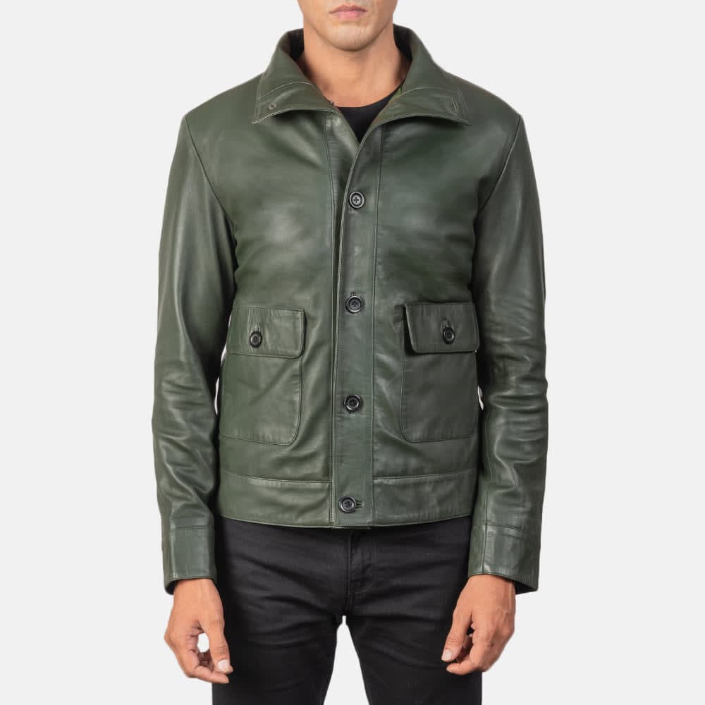Agent Shadow Men's Green Sheepskin Leather Bomber Jacket sizes that fit all