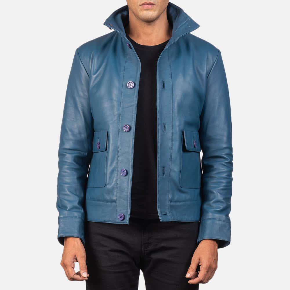 Agent Shadow Men's Blue Sheepskin Leather Bomber Jacket sizes that fit all