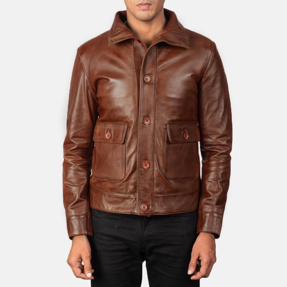 Agent Shadow Men's Brown Sheepskin Leather Bomber Jacket sizes that fit all