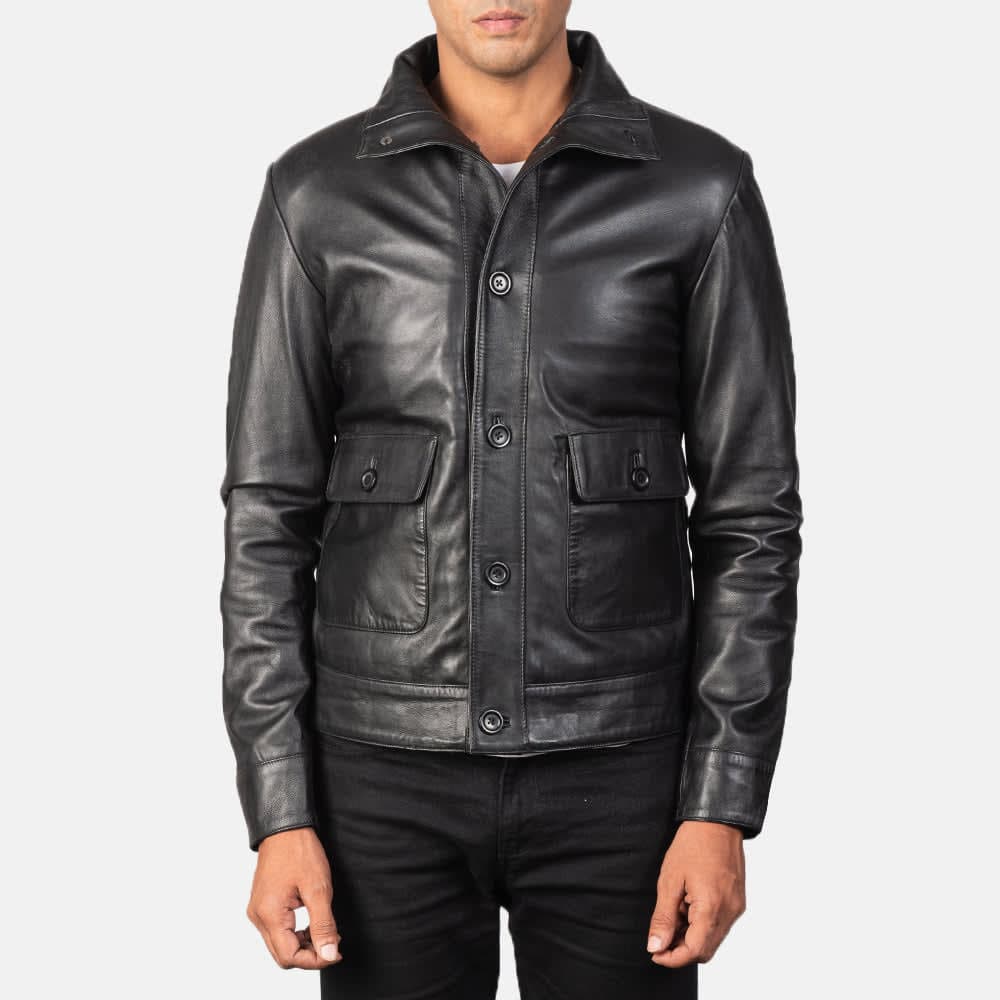 Agent Shadow Men's Black Sheepskin Leather Bomber Jacket sizes that fit all