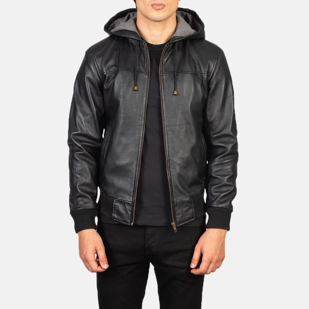 Nintenzo Men's Black Hooded Sheepskin Leather Bomber Jacket sizes that fit all