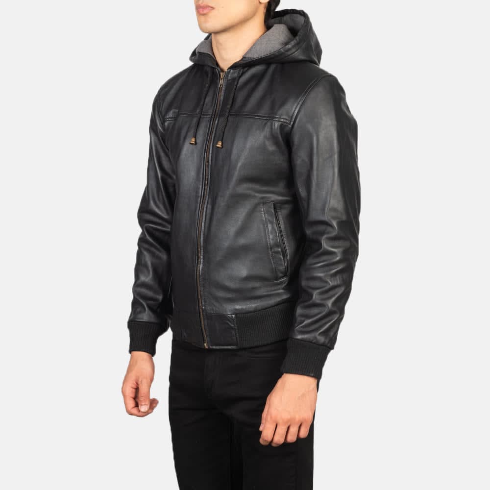 Nintenzo Men's Black Hooded Sheepskin Leather Bomber Jacket finest raw materials