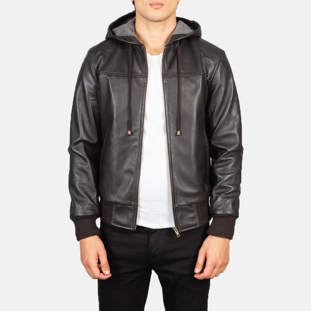 Nintenzo Men's Brown Hooded Sheepskin Leather Bomber Jacket sizes that fit all