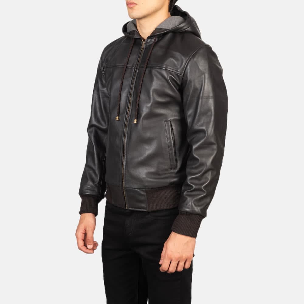 Nintenzo Men's Brown Hooded Sheepskin Leather Bomber Jacket finest raw materials
