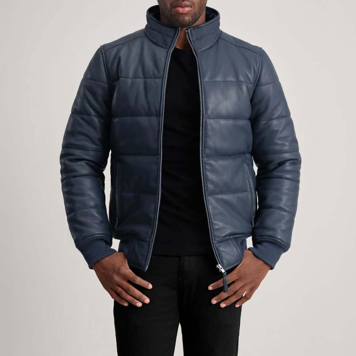 Lucas Men's Blue Sheepskin Leather Puffer Bomber Jacket sizes that fit all