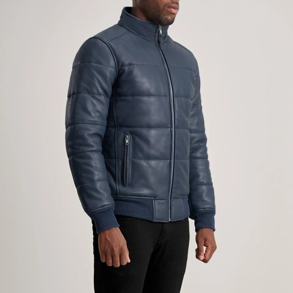 Lucas Men's Blue Sheepskin Leather Puffer Bomber Jacket finest raw materials