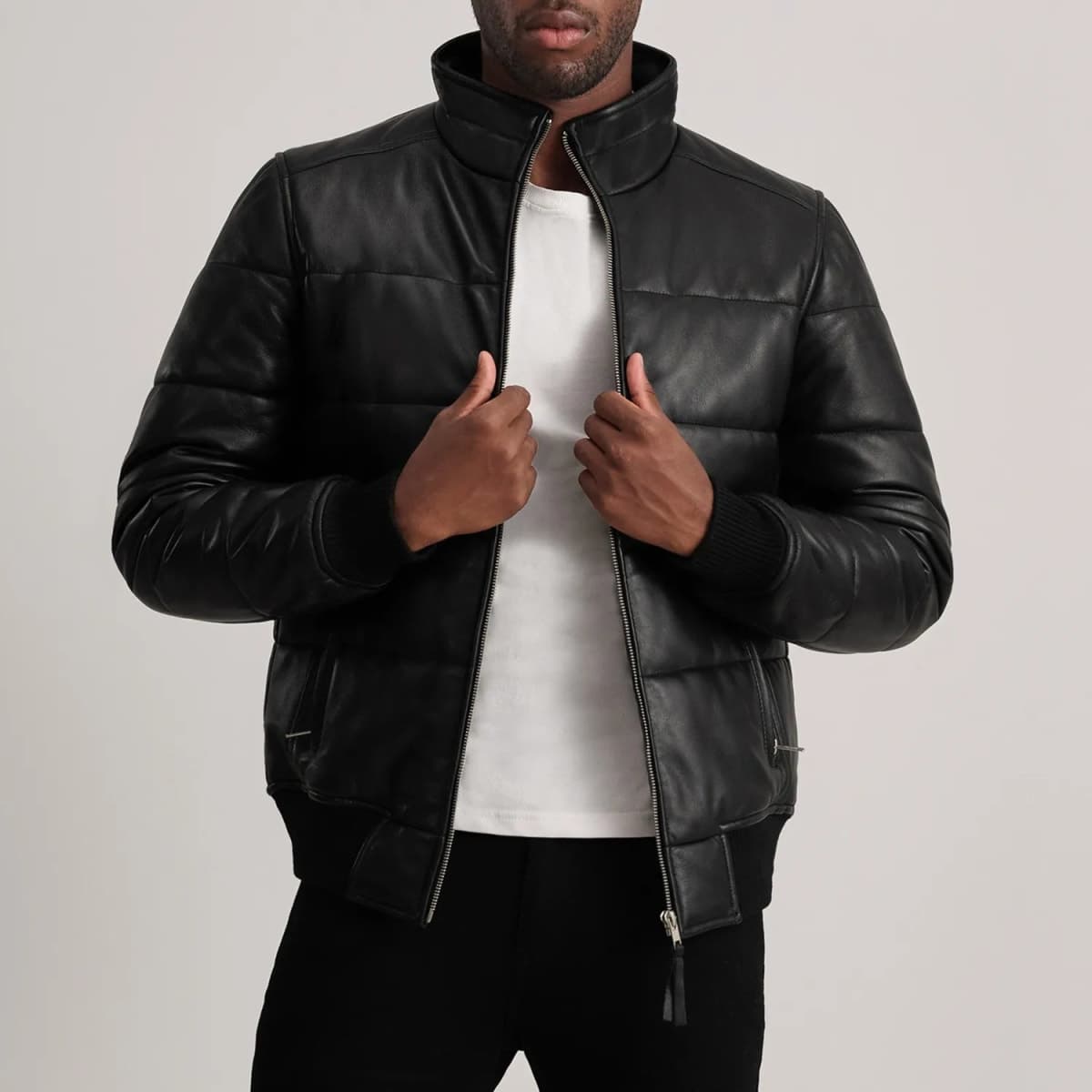 Lucas Men's Black Sheepskin Leather Puffer Bomber Jacket sizes that fit all