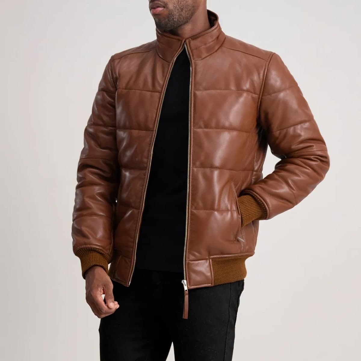 Lucas Men's Brown Sheepskin Leather Puffer Bomber Jacket sizes that fit all