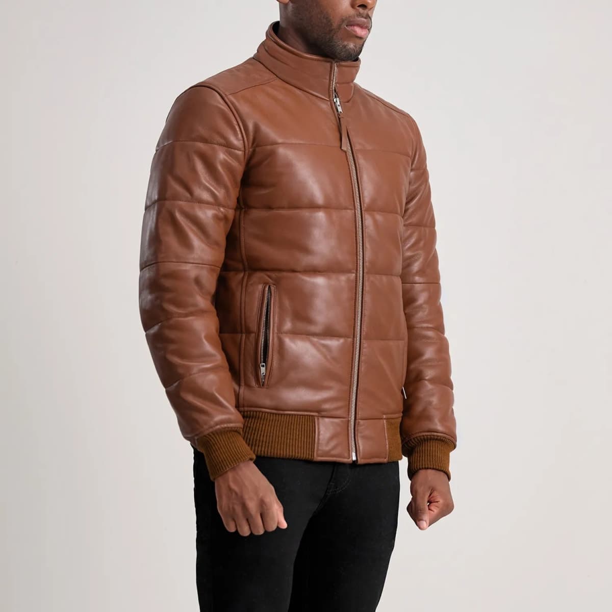Lucas Men's Brown Sheepskin Leather Puffer Bomber Jacket finest raw materials