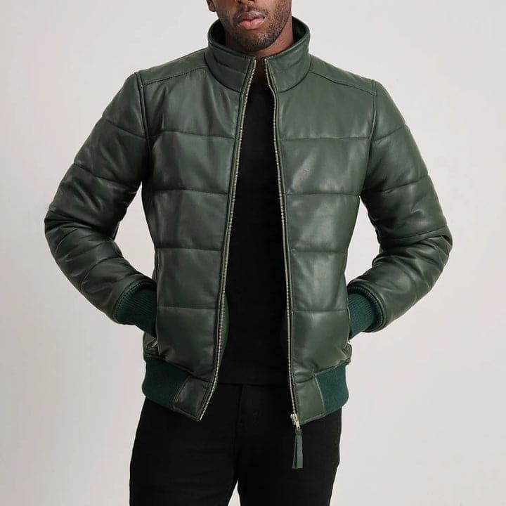 Lucas Men's Green Sheepskin Leather Puffer Bomber Jacket sizes that fit all