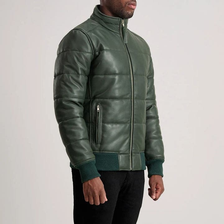 Lucas Men's Green Sheepskin Leather Puffer Bomber Jacket finest raw materials