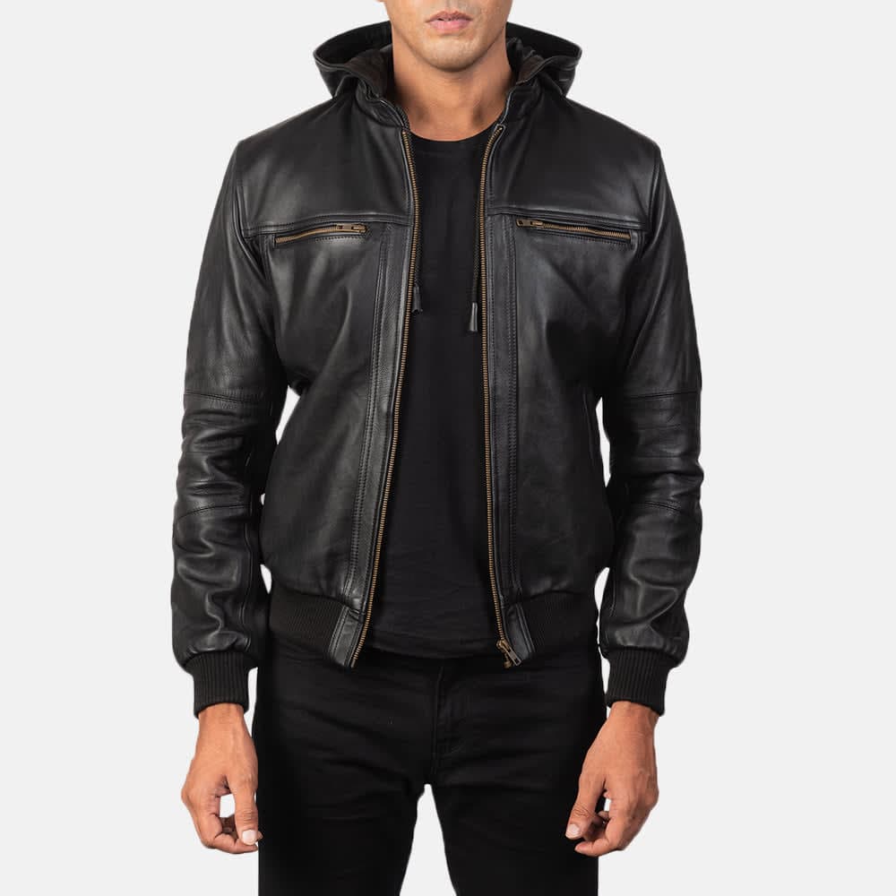 Bouncer Biz Men's Black Cowhide Leather Bomber Jacket sizes that fit all