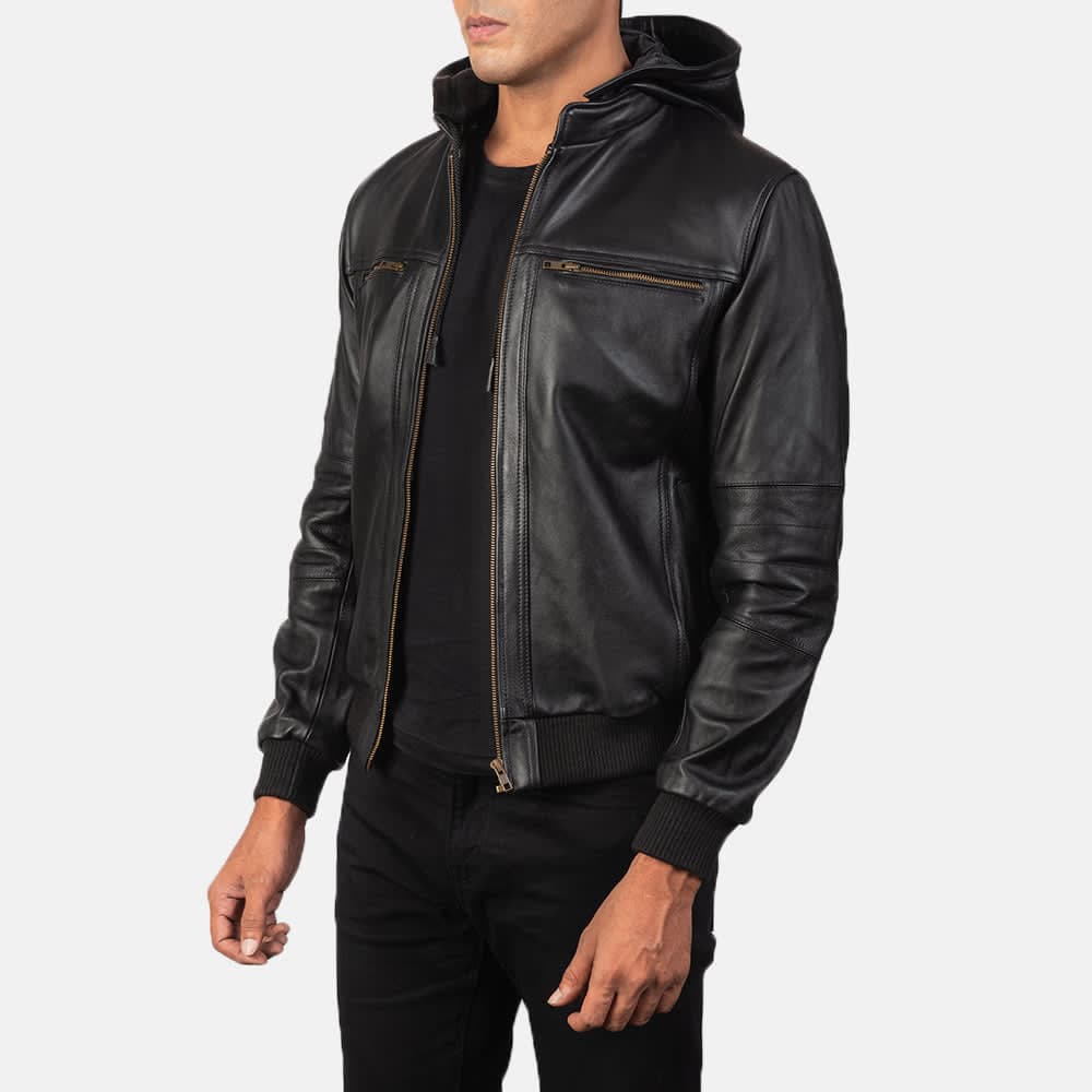 Bouncer Biz Men's Black Cowhide Leather Bomber Jacket finest raw materials