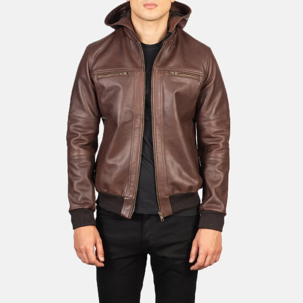 Bouncer Biz Men's Brown Cowhide Leather Bomber Jacket sizes that fit all
