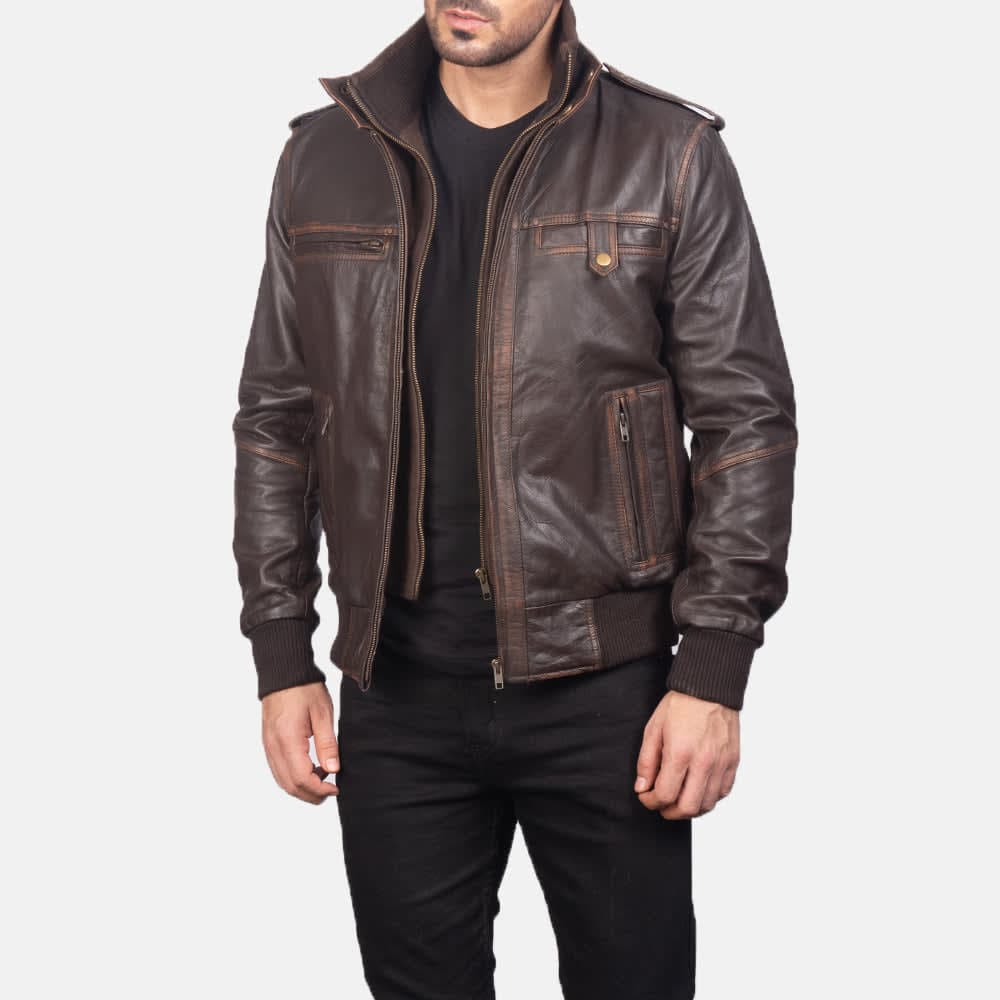 Glen Street Men's Brown Goatskin Leather Bomber Jacket sizes that fit all