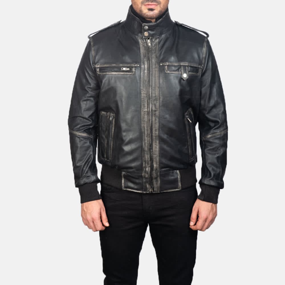 Glen Street Men's Black Goatskin Leather Bomber Jacket sizes that fit all