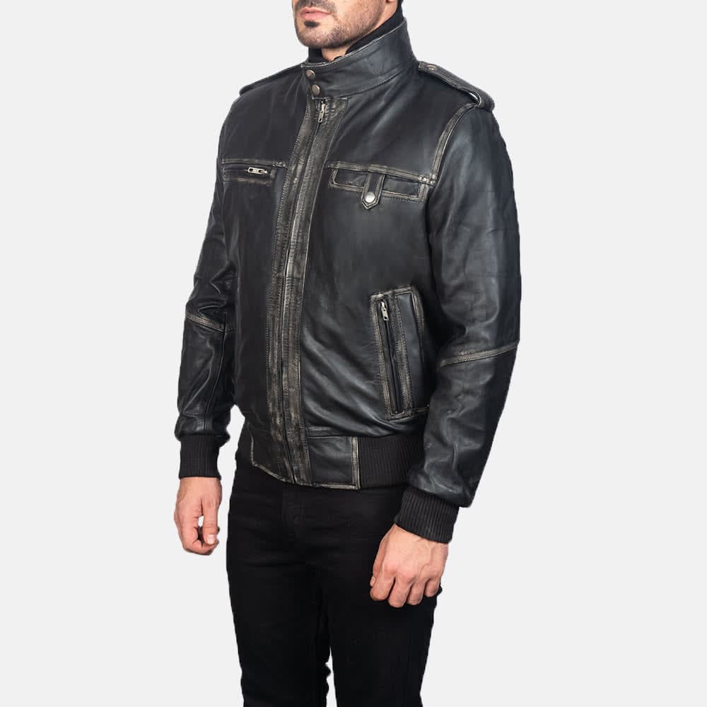 Glen Street Men's Black Goatskin Leather Bomber Jacket finest raw materials