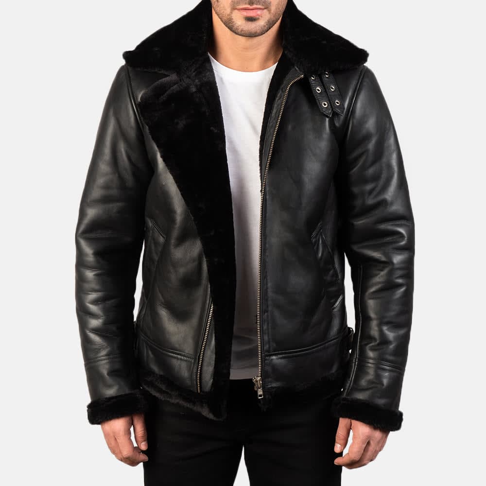 Francis B-3 Men's Black Sheepskin Fur Lined Bomber Jacket sizes that fit all