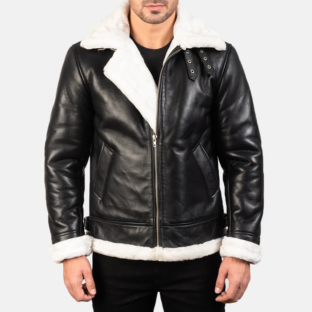 Francis B-3 Men's Black With White Fur Sheepskin Fur Lined Bomber Jacket sizes that fit all