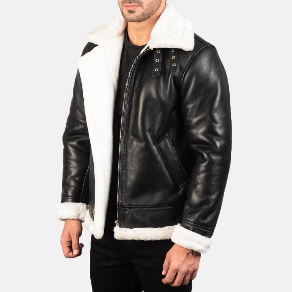 Francis B-3 Men's Black With White Fur Sheepskin Fur Lined Bomber Jacket finest raw materials