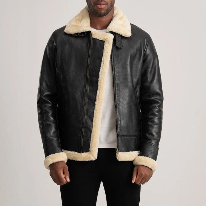 Francis B-3 Men's Black With Offwhite Fur Sheepskin Fur Lined Bomber Jacket sizes that fit all