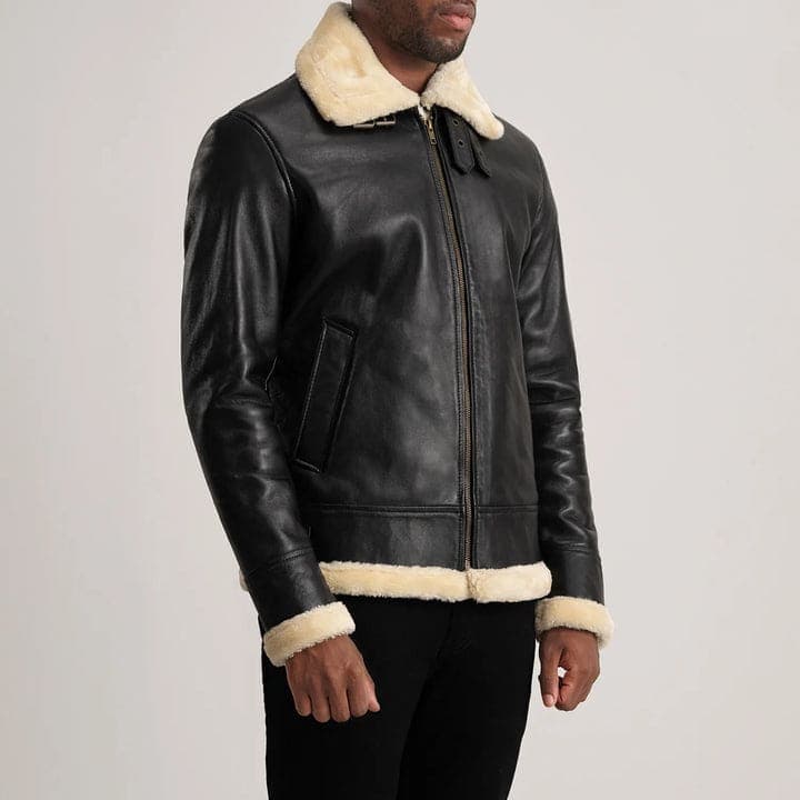 Francis B-3 Men's Black With Offwhite Fur Sheepskin Fur Lined Bomber Jacket finest raw materials