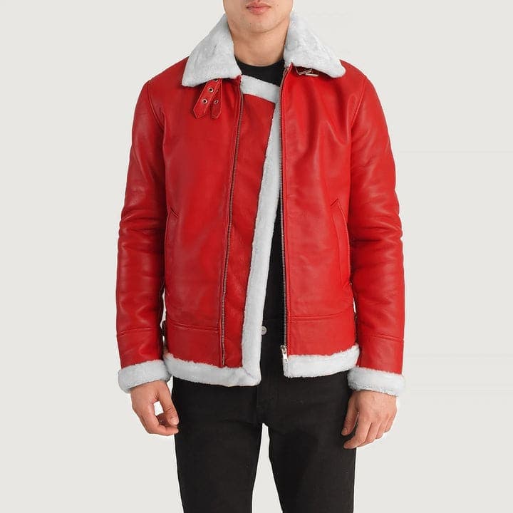 Francis B-3 Men's Red With White Fur Sheepskin Fur Lined Bomber Jacket sizes that fit all