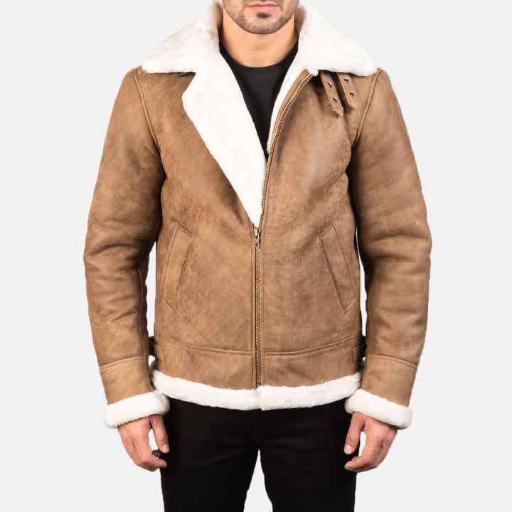 Francis B-3 Men's Brown With White Fur Sheepskin Fur Lined Bomber Jacket sizes that fit all