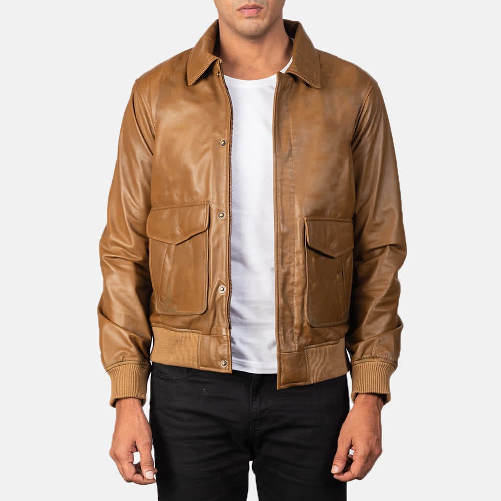 Coffmen A2 Men's Olive Brown Sheepskin Leather Bomber Jacket sizes that fit all