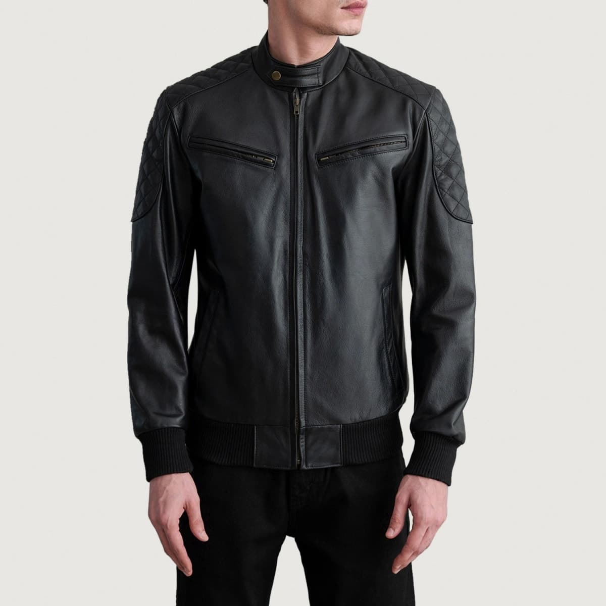 Sven Men's Black Cowhide Leather Bomber Jacket Snap Collar sizes that fit all
