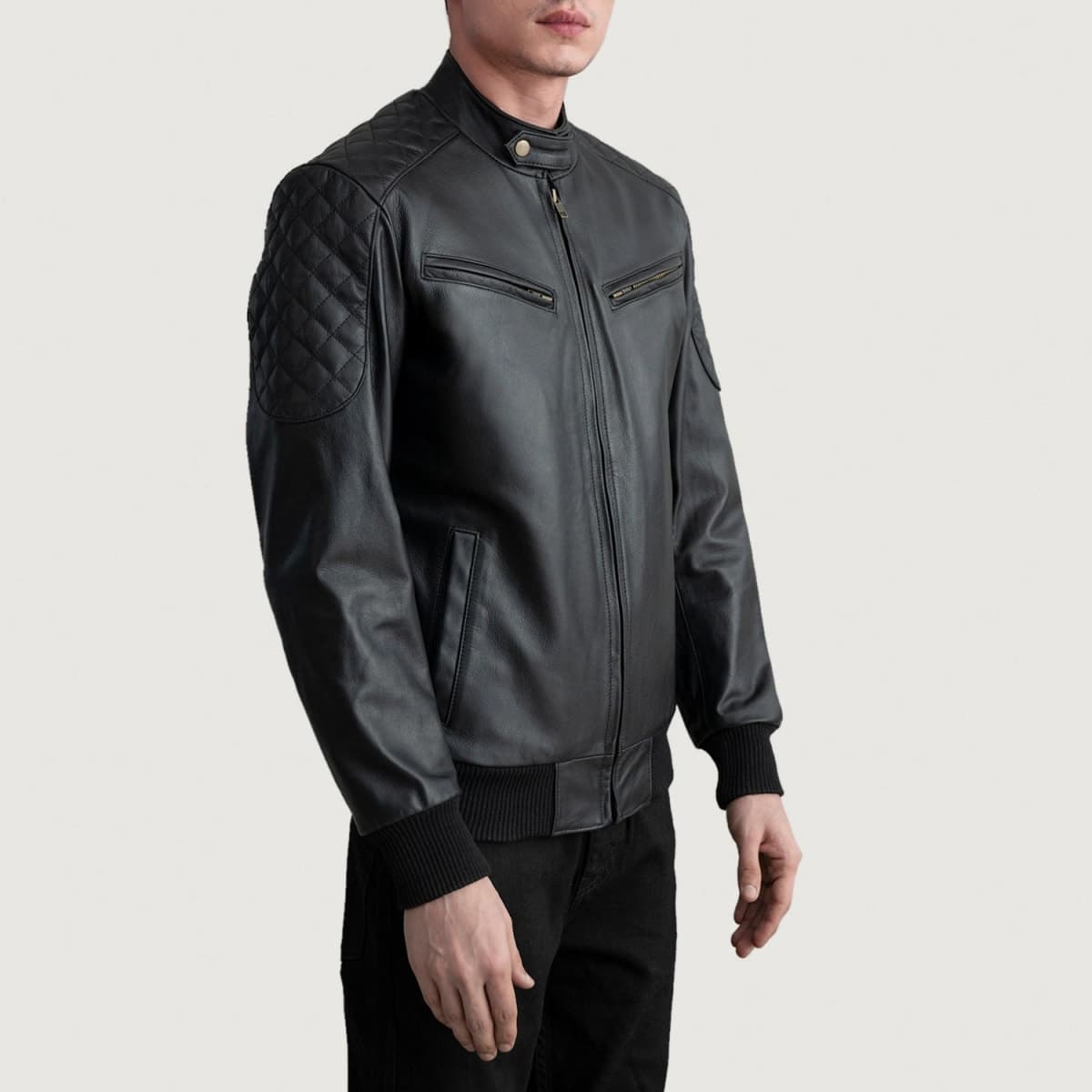 Sven Men's Black Cowhide Leather Bomber Jacket Snap Collar finest raw materials