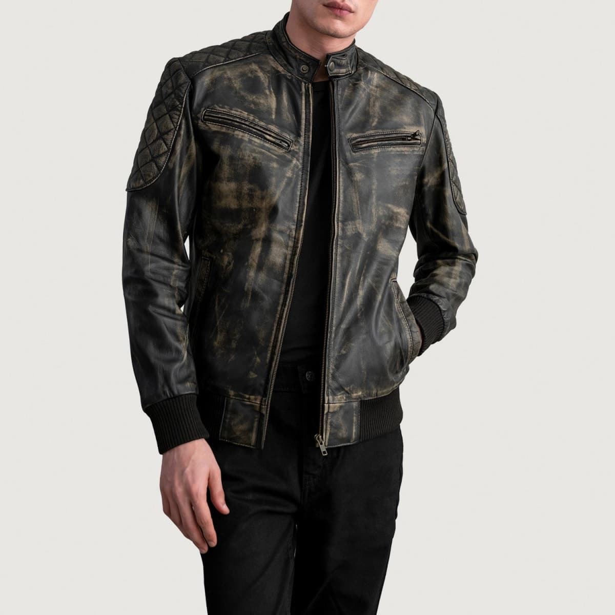 Sven Men's Grey Cowhide Leather Bomber Jacket Snap Collar sizes that fit all