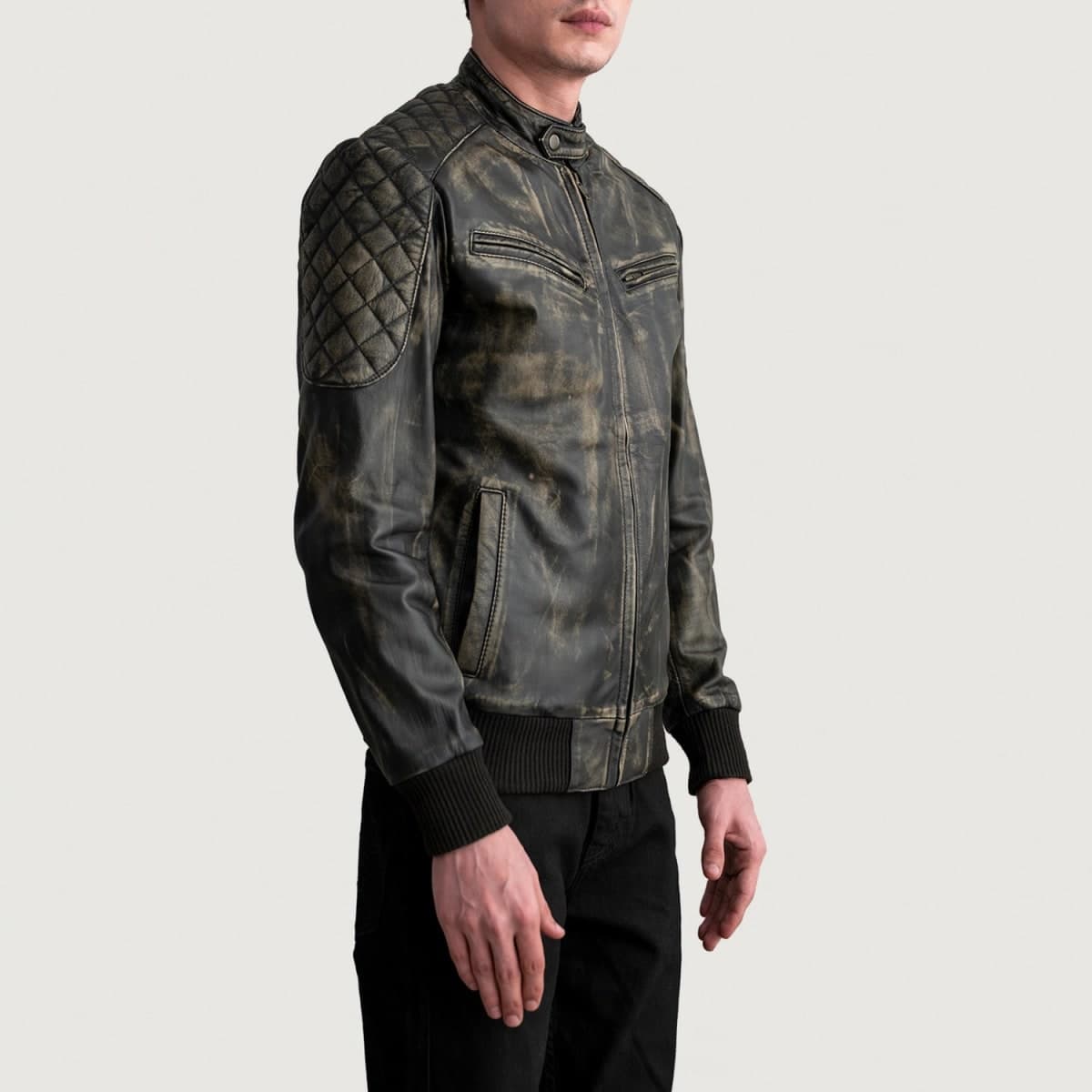 Sven Men's Grey Cowhide Leather Bomber Jacket Snap Collar finest raw materials