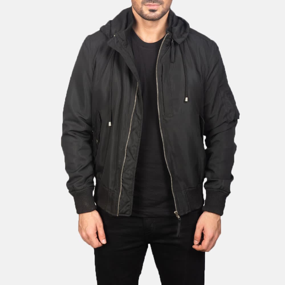 Hanklin Ma-1 Men's Black Hooded Bomber Jacket Removable Hood sizes that fit all