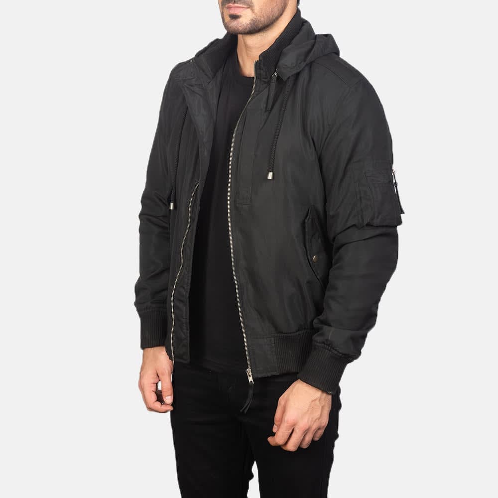 Hanklin Ma-1 Men's Black Hooded Bomber Jacket Removable Hood finest raw materials