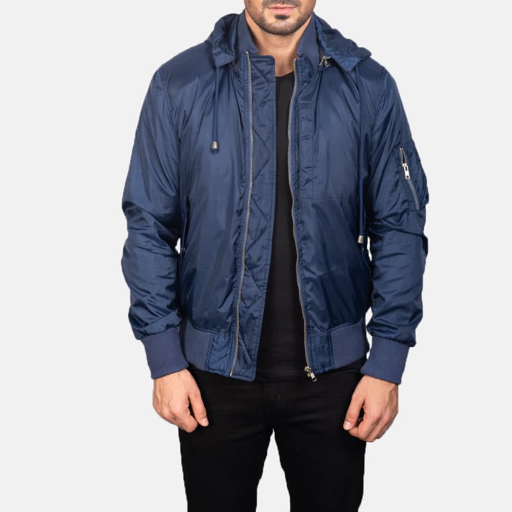 Hanklin Ma-1 Men's Blue Hooded Bomber Jacket Removable Hood sizes that fit all