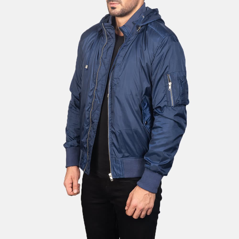 Hanklin Ma-1 Men's Blue Hooded Bomber Jacket Removable Hood finest raw materials