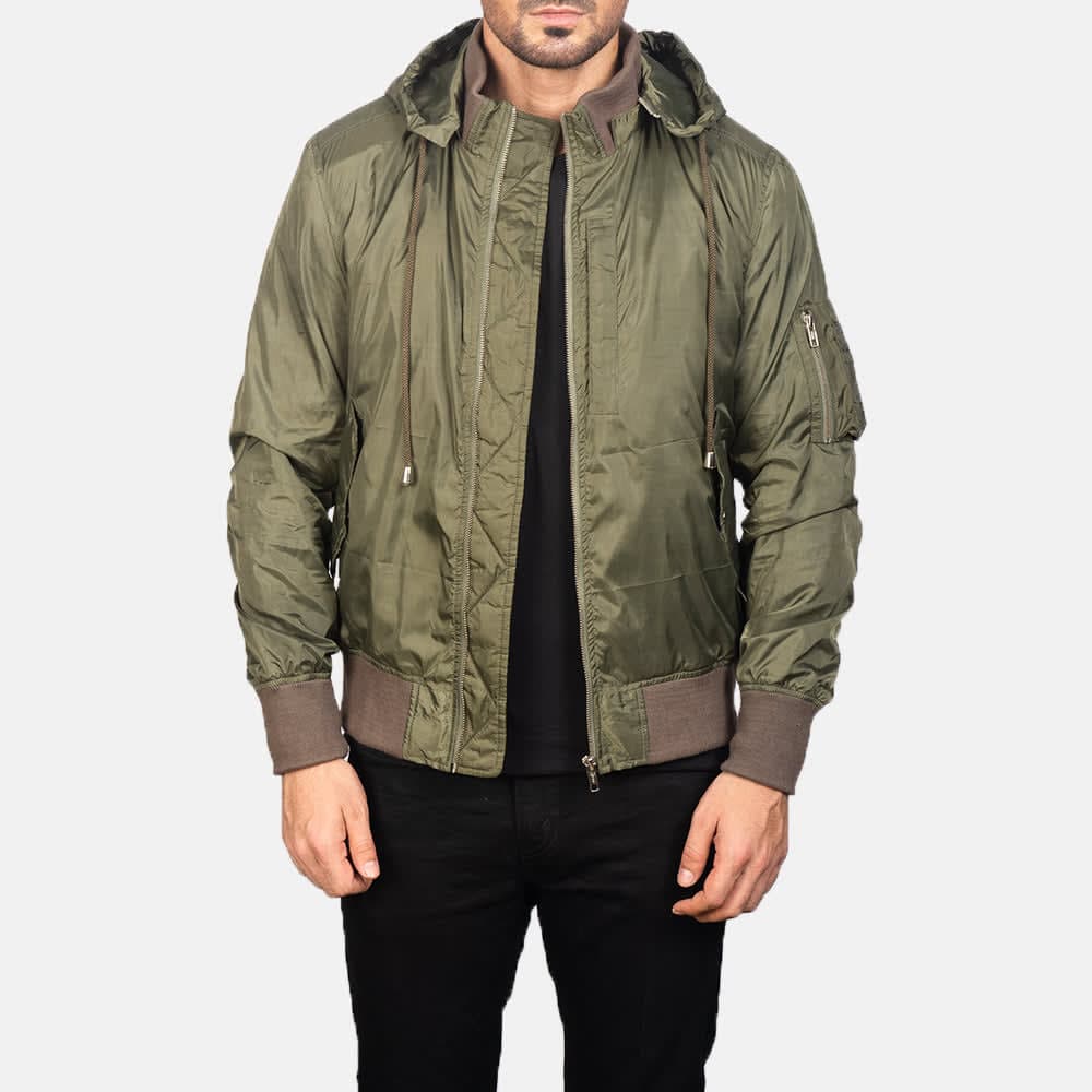 Hanklin Ma-1 Men's Green Hooded Bomber Jacket Removable Hood sizes that fit all