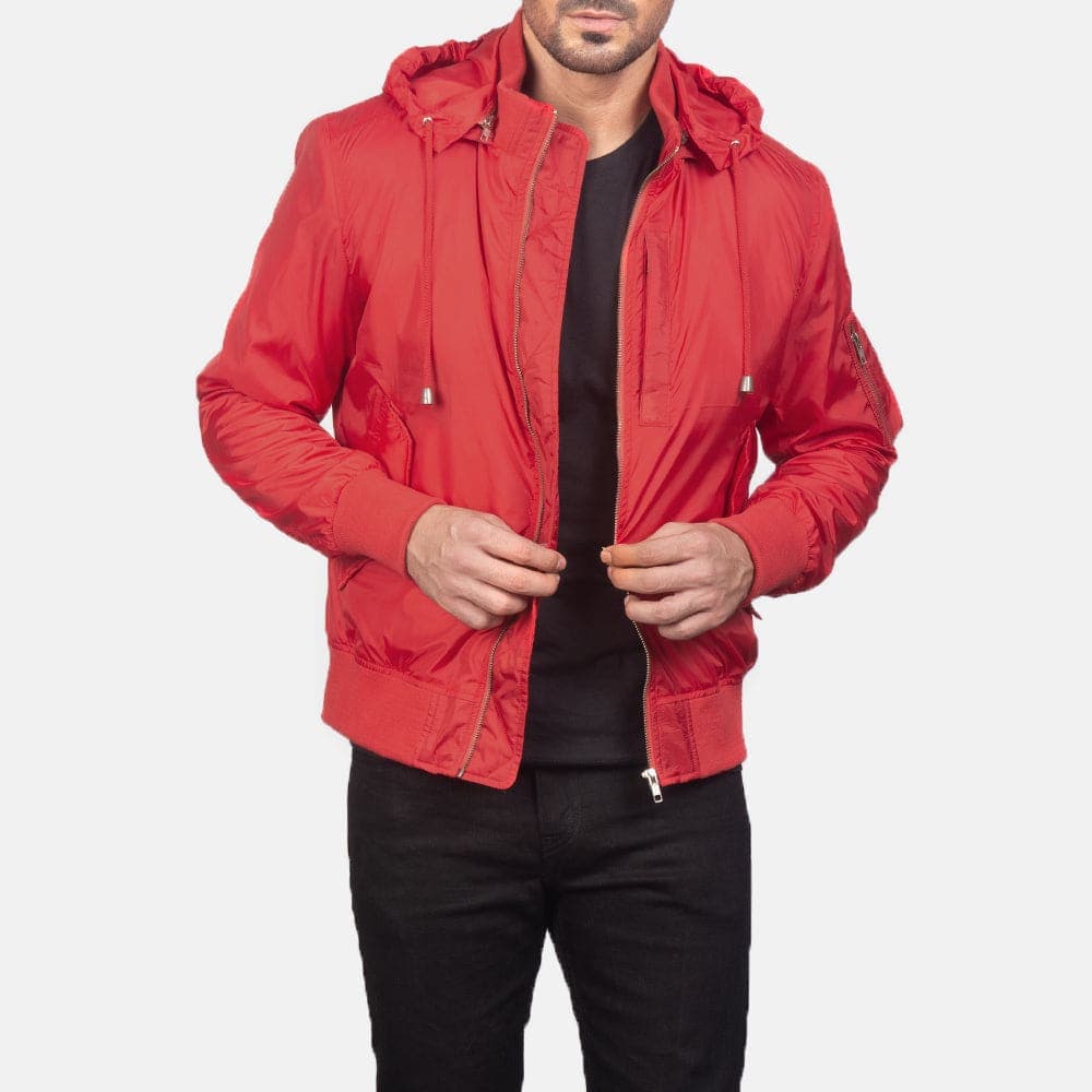 Hanklin Ma-1 Men's Red Hooded Bomber Jacket Removable Hood finest raw materials